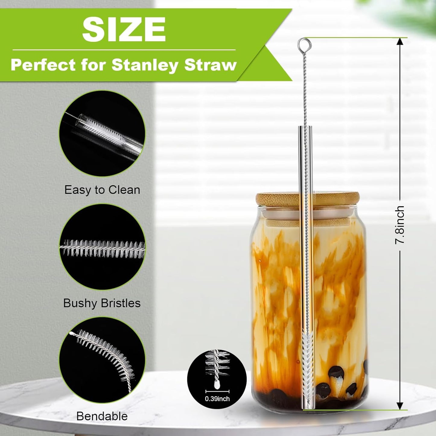 Long Straw Cleaner Brush Set Travel: 8 Pack Straw Brush Cleaner for Cleaning Straws, Stainless Steel & Bendable Nylon Brushes - Durable & Rust Resistant Cleaning Solution for Home and Office