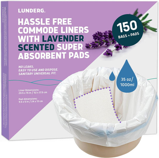 Lunderg Commode Liners with Absorbent Pads - Lavender Scent Medical Grade 150 Count Universal Fit - Disposable Bedside Commode Liners and Pads for Adult Chairs, Portable Buckets & Camping Toilet Bags