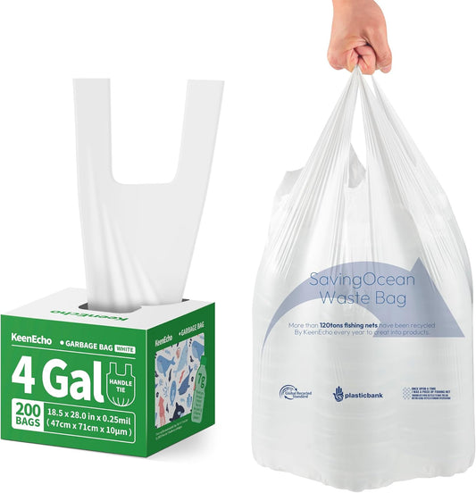 Small Trash Bags with Handles 4 Gallon 200 Count White - Ocean Plastic Upcycling - Plastic Garbage Bags, Can Bin & Waste Basket Liner for Kitchen, Bathroom, Office and Pets
