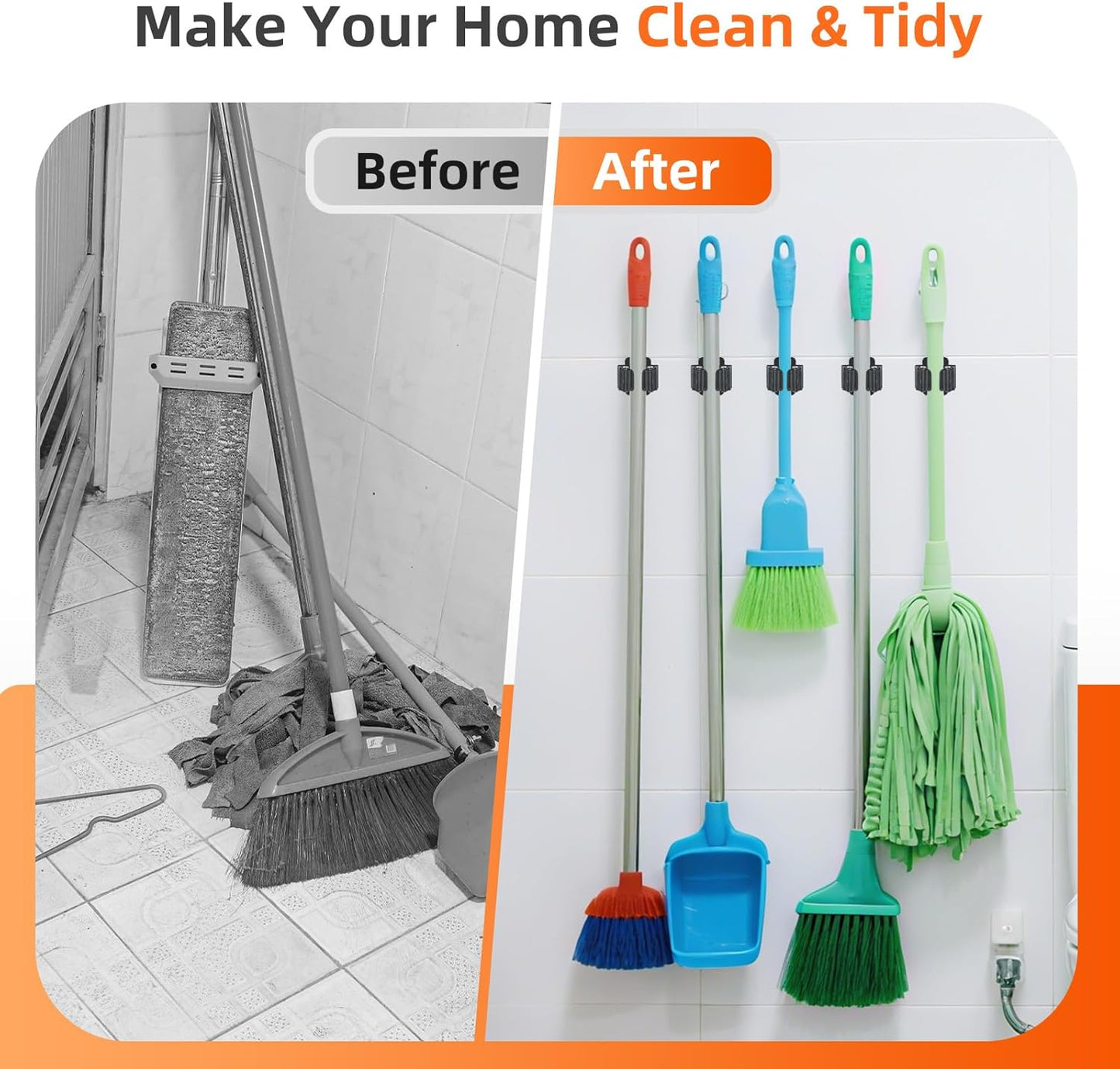 5 PCS Broom Holder Wall Mount, Upgraded Heavy Duty Mop and Broom Holder Wall Mount, Stainless Steel Broom Hanger Mop Holder Rack for Kitchen Laundry Garden Tool Organizer