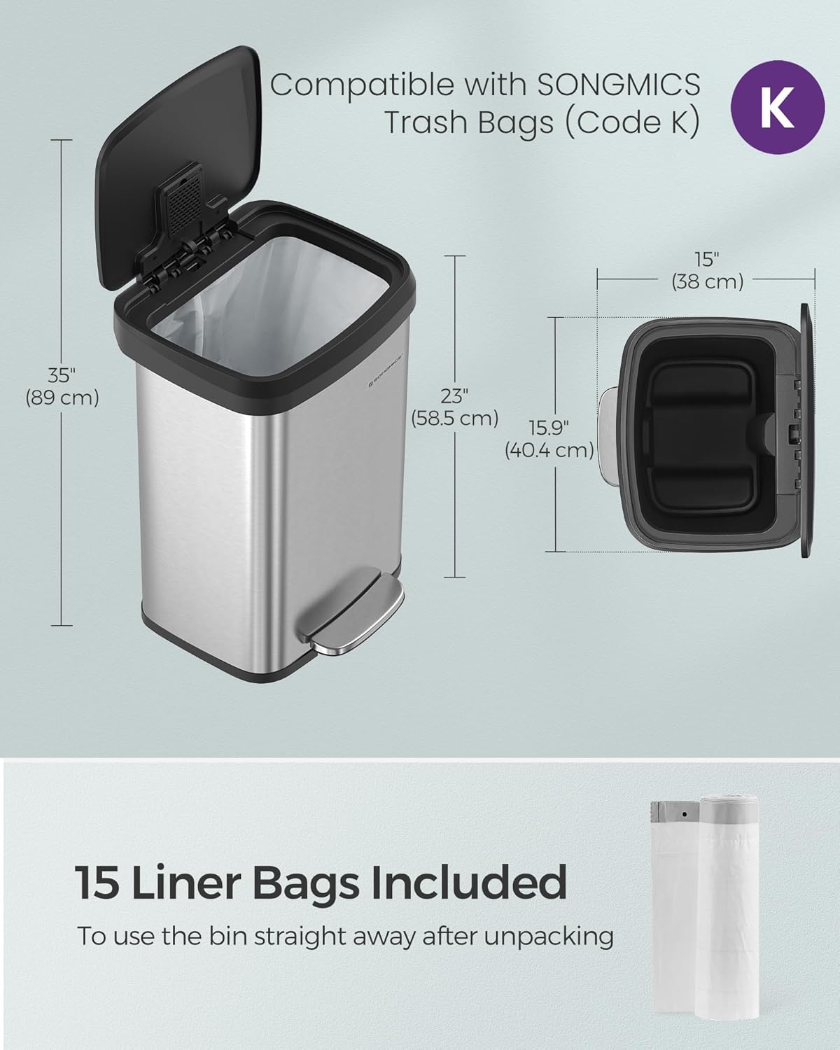 SONGMICS Kitchen Trash Can, 13 Gallon (50 L) Stainless Steel Garbage Can, with Stay-Open Lid and Step-on Pedal, Soft Closure, Tall, Large and Space-Saving, Silver and Black ULTB530E50