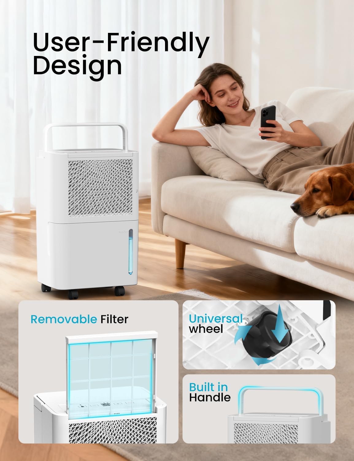 HUMSURE 1500 Sq. Ft 30 Pints Dehumidifier Equipped With Drainage Hose, Automatic Defrosting, for Basement, Home, Bathroom, Bedroom,24-Hour Timer Function