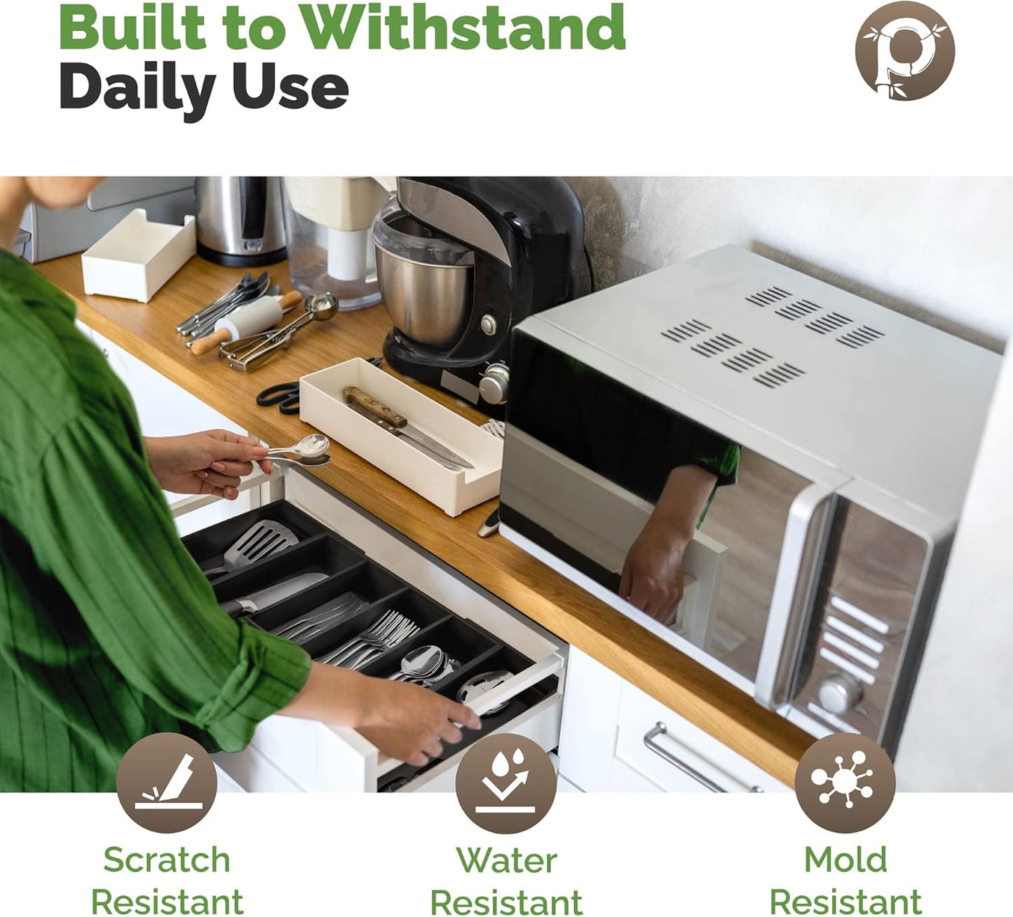 Silverware Tray - Drawer Organizer with Expandable Wooden Dividers (8-Slots, Black)