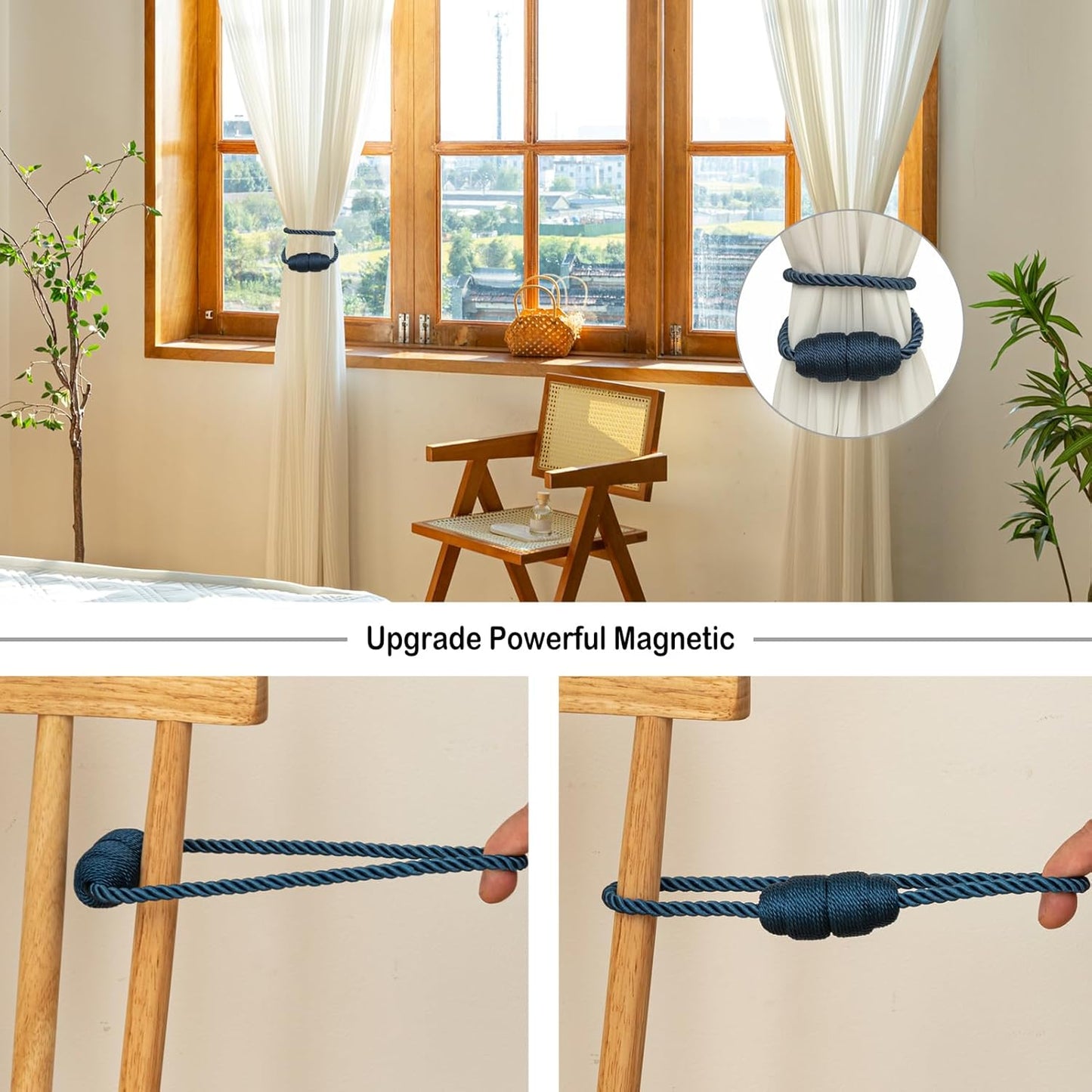 Magnetic Curtain Tiebacks Rope Curtain Tie Backs for Curtains 8 Pack Curtain Holders for Drapes Decorative Window Curtain Holdbacks, Blue