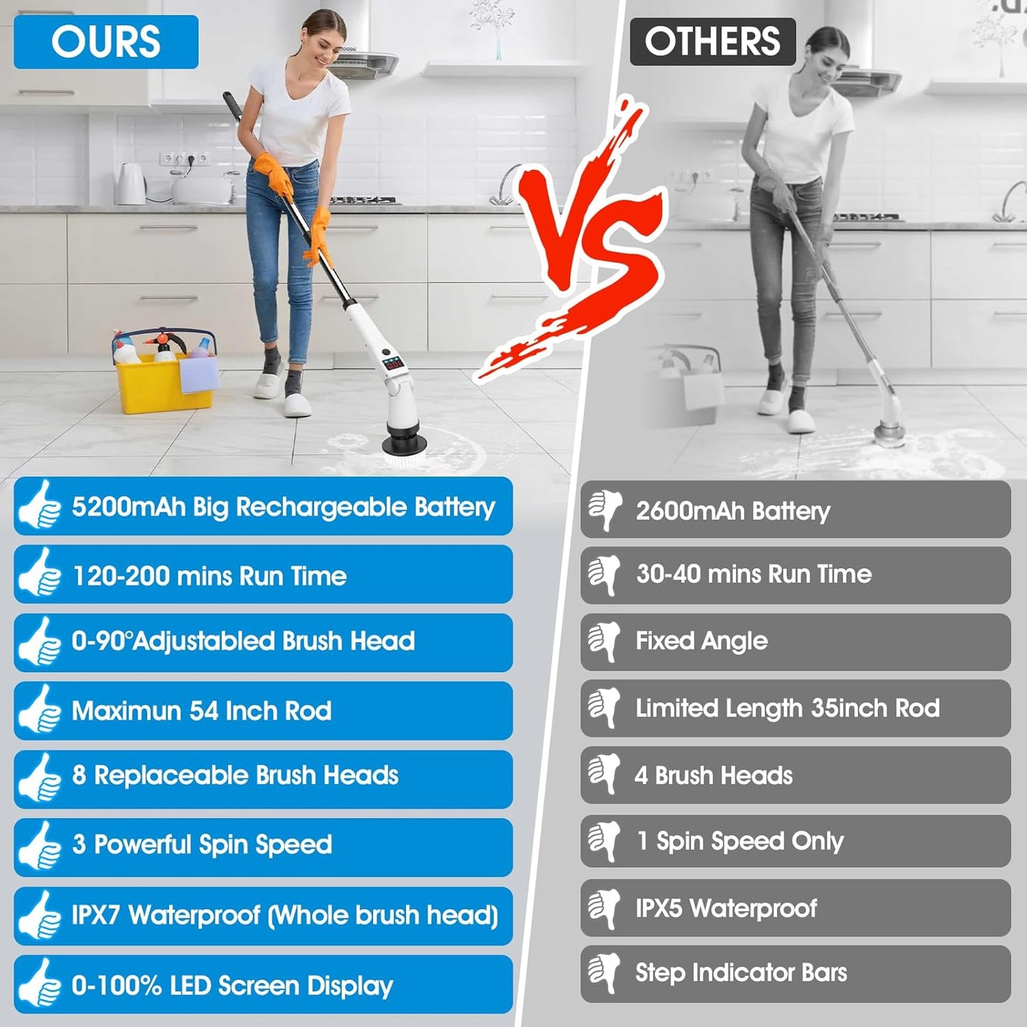 Electric Spin Scrubber, Shower Scrubber with Long Handle & 3 Speeds, 5200mAh Rechargeable Cordless Power Scrubber, Retractable & Adjustable Angle Spin Brush for Cleaning Bathroom/Tub/Floor/Tile