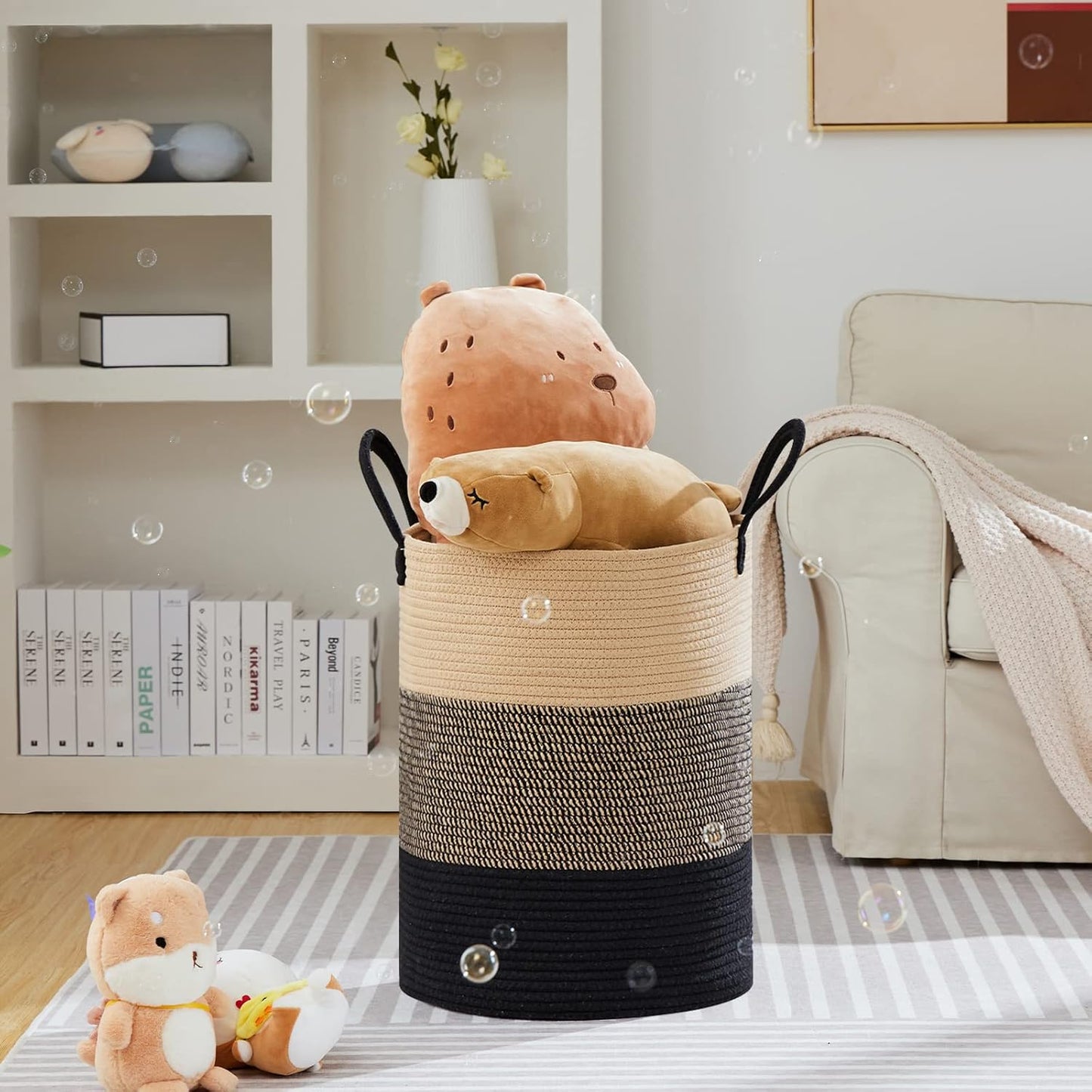 VIPOSCO Large Laundry Hamper, Tall Woven Rope Storage Basket for Blanket, Toys, Dirty Clothes in Living Room, Bathroom, Bedroom - 100L Brown & Black