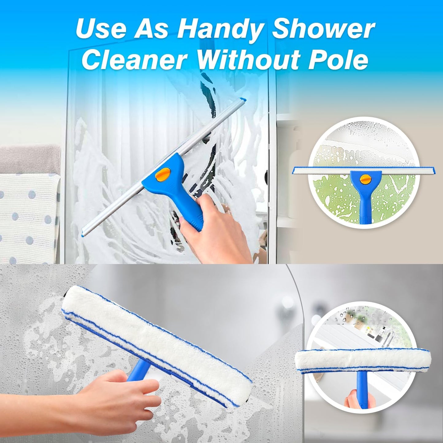 Squeegee for Window Cleaning, 14" Extra-Large Squeegee & Microfiber Scrubber Combi with 60" Stainless Steel Pole, Window Cleaning Kit for Shower Glass Mirror Door Car-2 Pads