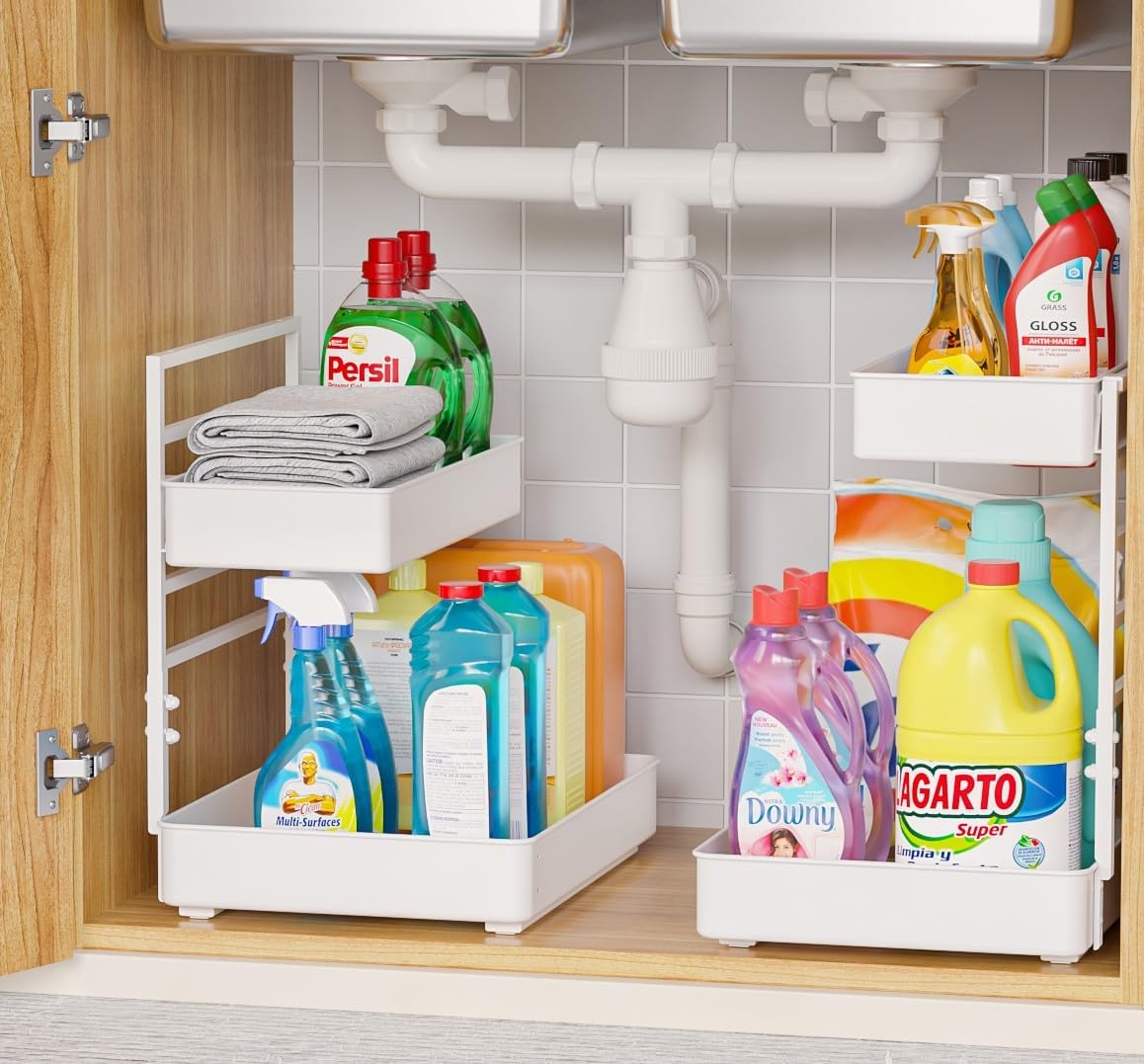 EVERIE Height Adjustable 2 Tier Metal Pull Out Slide Shelf Organizer for Framed or Frameless Under Sink Cabinets in Kitchen, Bathroom, with Snap-on Top Tray (White, 2 Sets)