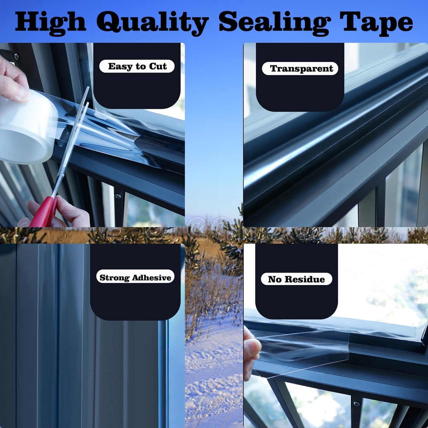 Transparent Window Weather Sealing Tape 2 Inch x 16.5 FT Weather Stripping Residue-Free Clear Window Insulation Tape for Doors Windows and Shower Glass Gaps (2 in * 16.5 FT)