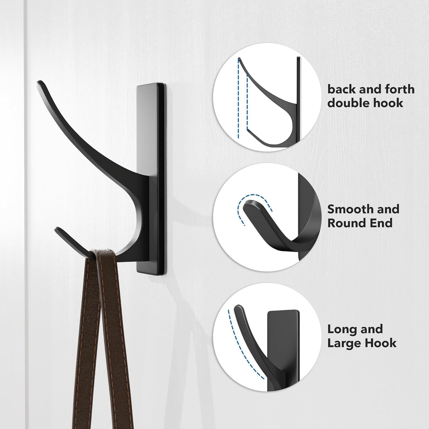Self Adhesive Coat Hooks for Hanging: Heavy Duty Stainless Wall Hook for Towel, Backpack, Hat, Sturdy Metal Hanger for Bathroom, Bedroom, Door, 4-Pack, Matt Black