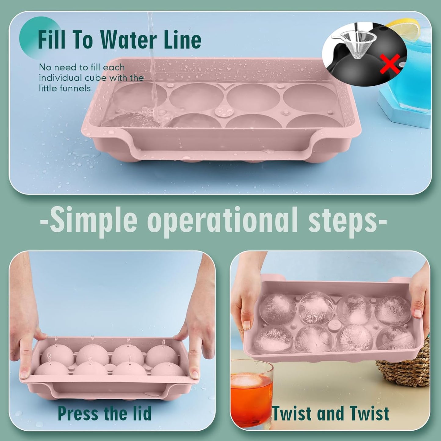 WIBIMEN Large Ice Cube Molds, Big Round Whiskey Ice Cube Trays for Freezer, Easy to Fill & Release, Whiskey Bourbon Cocktail(2.5In*8 Balls- Pink/2 Pack)