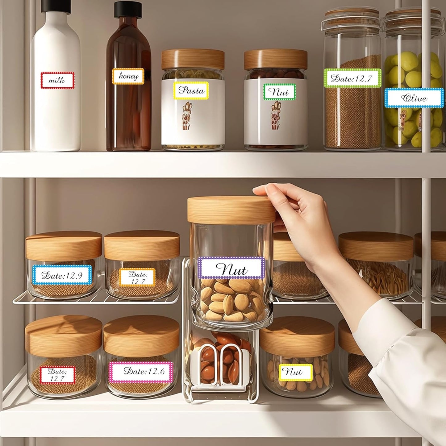 Removable Colored Labels Stickers, Self-Adhesive Rectangular Stickers Star Border Water/Oil/Tear Resistant for Storage/Classroom/Home (2 Size, 300 Labels)