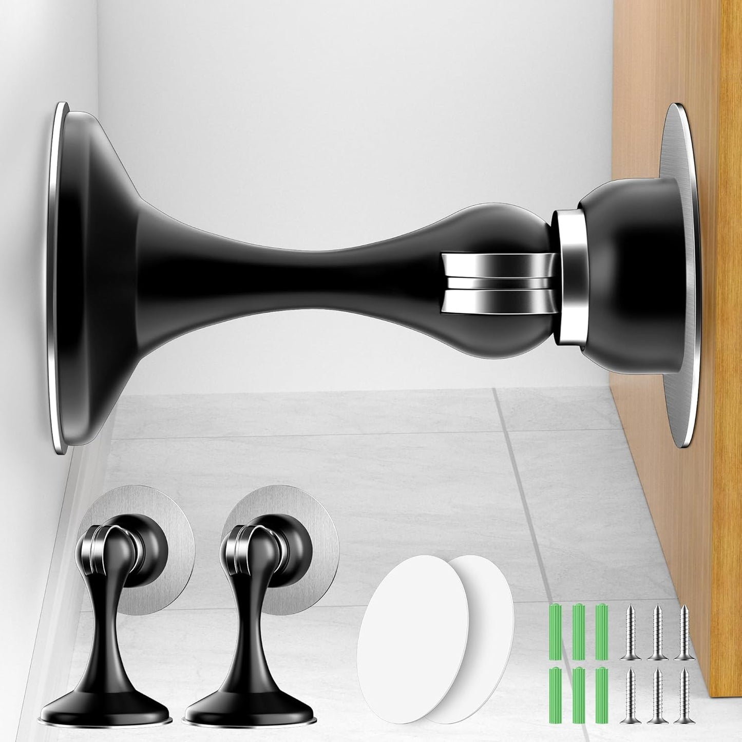 Crosize Magnetic Door Stoppers 2 Pack, Stainless Steel Door Catch for Wall and Floor Mounting, Door Holder Keep Door Open, No Drilling Door Stop with Adhesive Tapes, Black