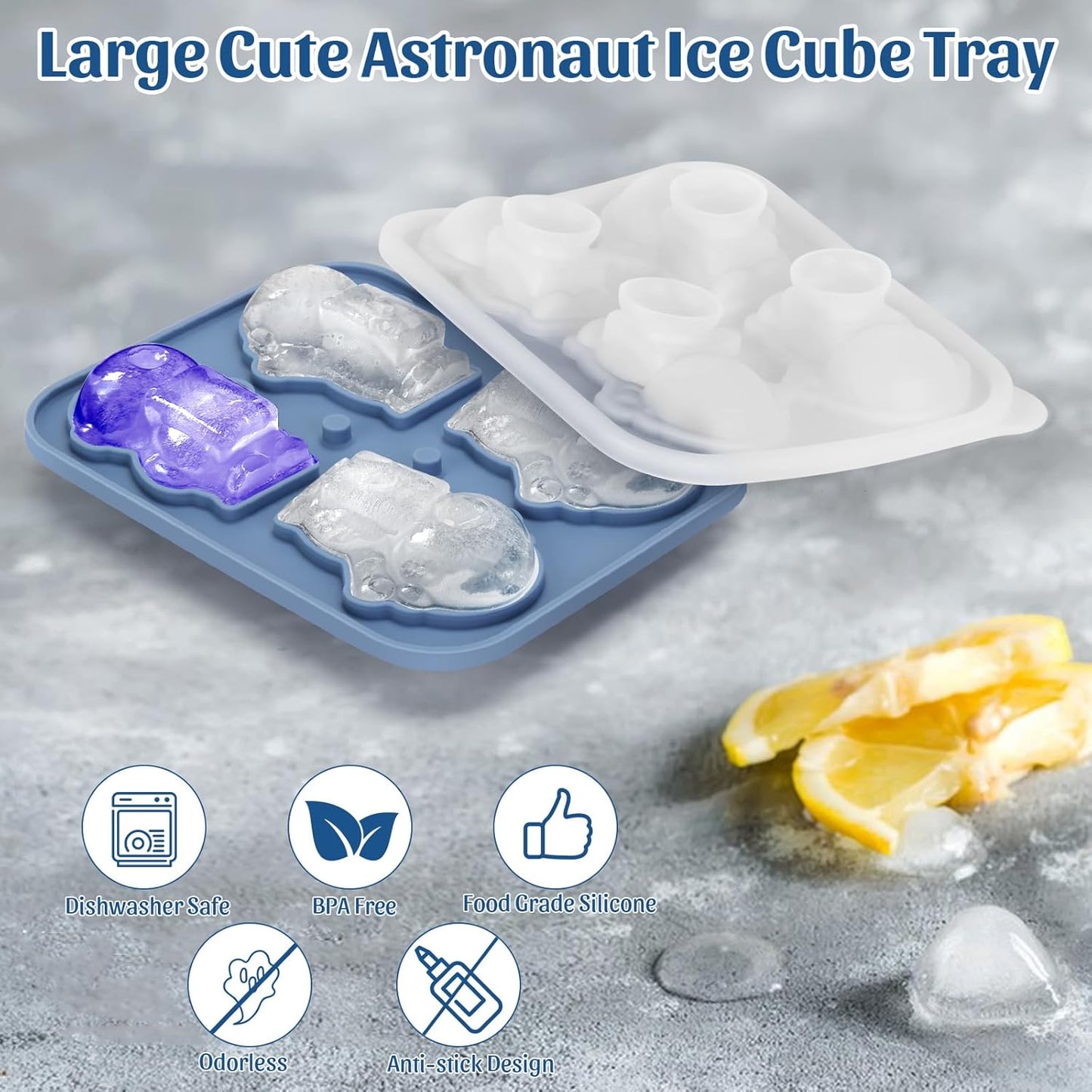 Silicone Ice Cube Tray,Astronaut 3D Large Ice Cube Molds for Whiskey,Cocktails,Wine,Juice and Bourbon,4 Big Cute Animal Ice Trays for Freezer with Lid Easy-Release BPA Free(Astronaut)