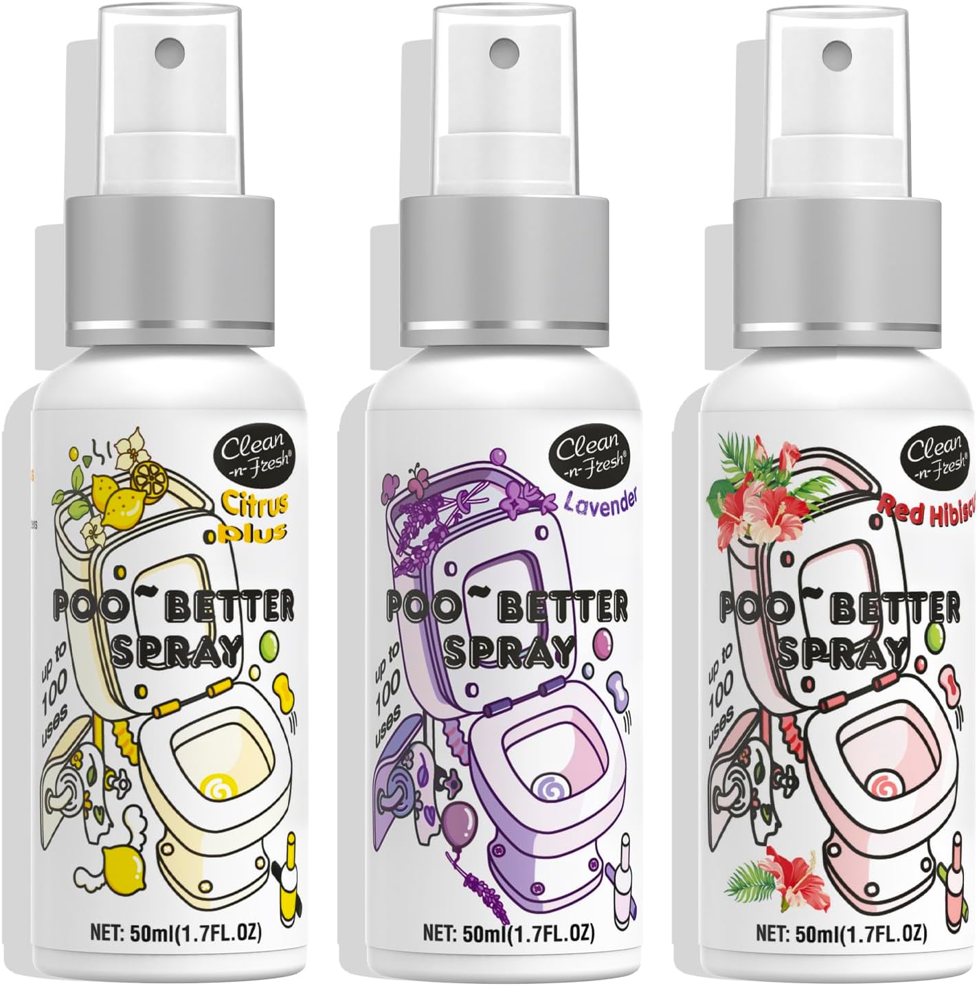 Clean-n-Fresh Toilet Spray, Variety Pack of 3 - Citrus/Lavender/Hibiscus, Bathroom & Toilet Odor Elimination, Travel Size 1.7 Fl Oz Each, Total 5.1 Fl Oz