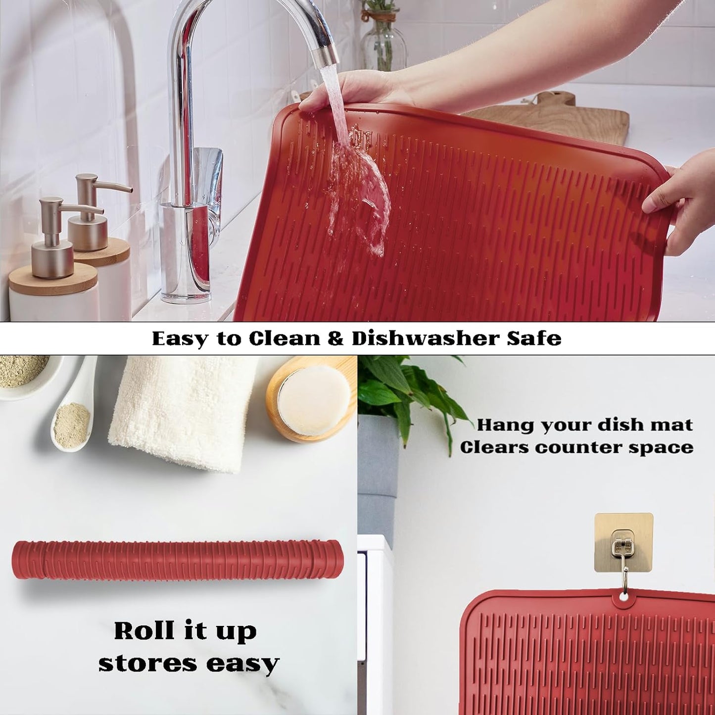 ZLR Silicone Dish Drying Mat for Kitchen Counter, Eco-Friendly Fast Dry Dish Mat, Easy Clean Multi Usage Drying Matt, Heat Resistant Trivet, 16" x 18" XL, Lave Red