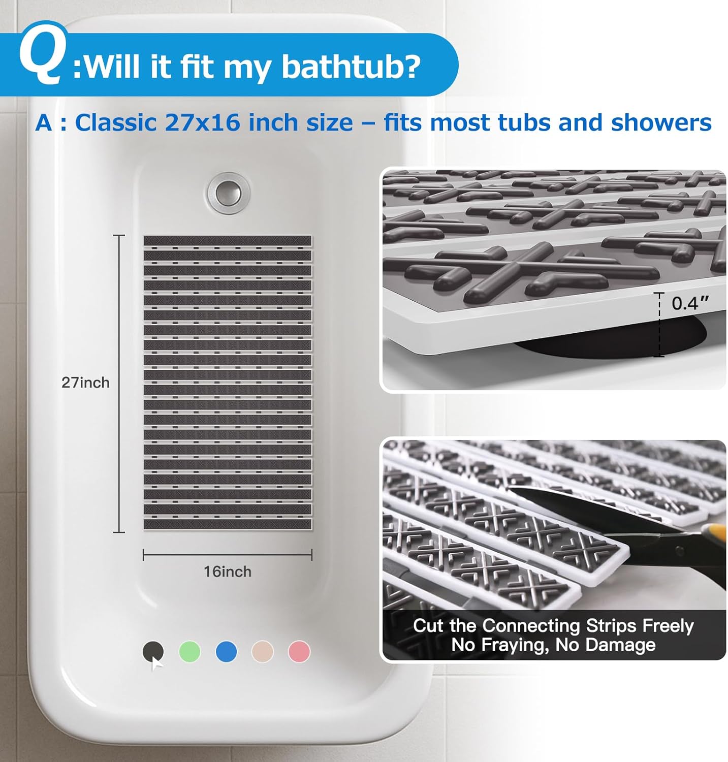 Matace Non Slip Rubber Bathtub & Shower Mat with Suction Cups, Thick Textured Surface, Fast Drain and Upright Drying Design, No Pooling Water for Better Hygiene, 27 x 16 Inch, Dark Gray