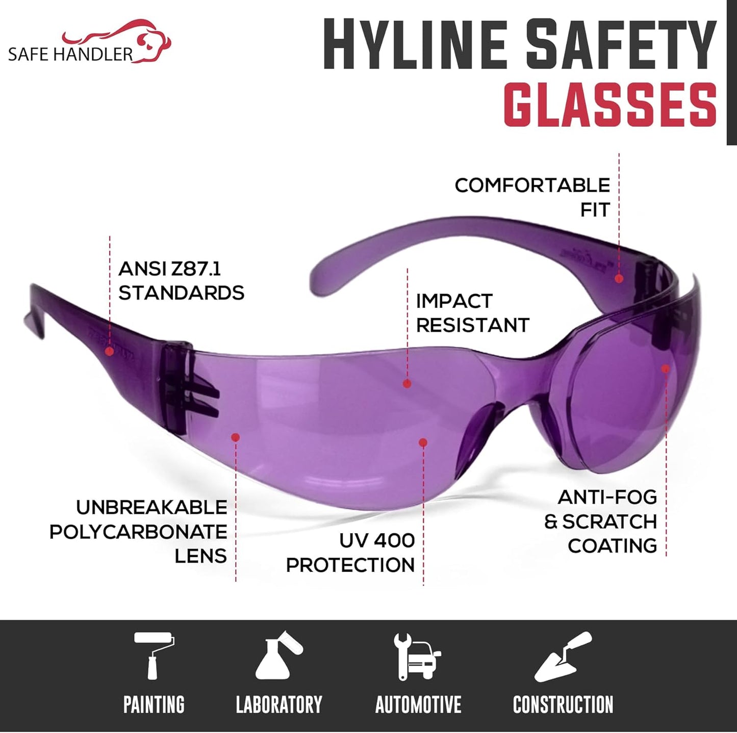 SAFE HANDLER Hyline Anti-Fog Color Safety Glasses Variety, Impact Resistant, Polycarbonate, Anti-Scratch