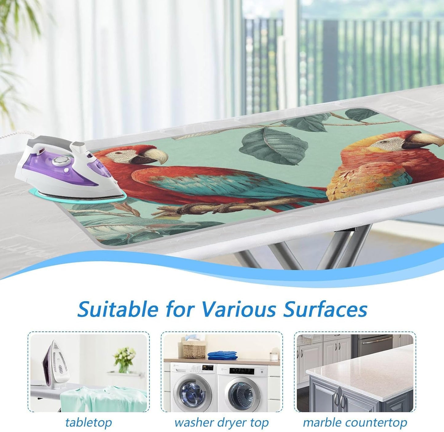 Tropical Parrots on The Branc Ironing Mat Thickened Ironing Blanket Travel Portable Double-Side Using Ironing Pad Travel Isolate Heat Pad Cover for Washer Dryer Table Top Countertop 27.6x47.2