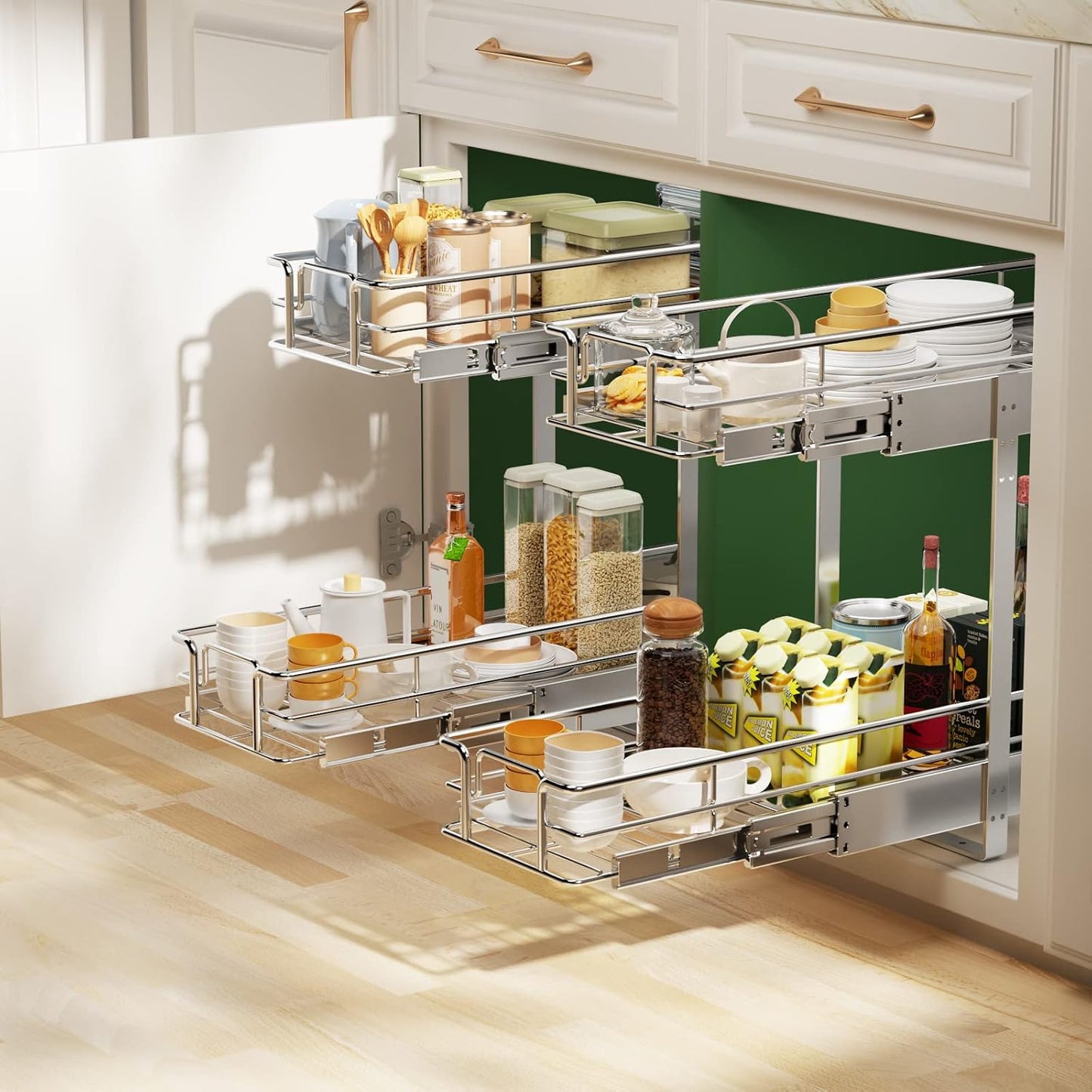 LOVMOR 2 Tier 5½" W x 21½" D, Individual Pull Organizer Kitchen Cabinet Storage Sliding Shelves