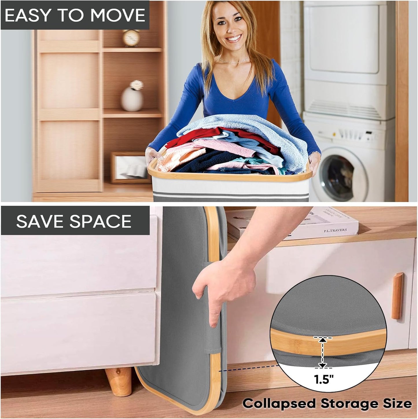 BALEINE Laundry Hamper with Lid, Tall Laundry Baskets with Bamboo Pull Handles, Large Laundry Bin with Internal Support (18 Gal/70L, Grey Stripe)