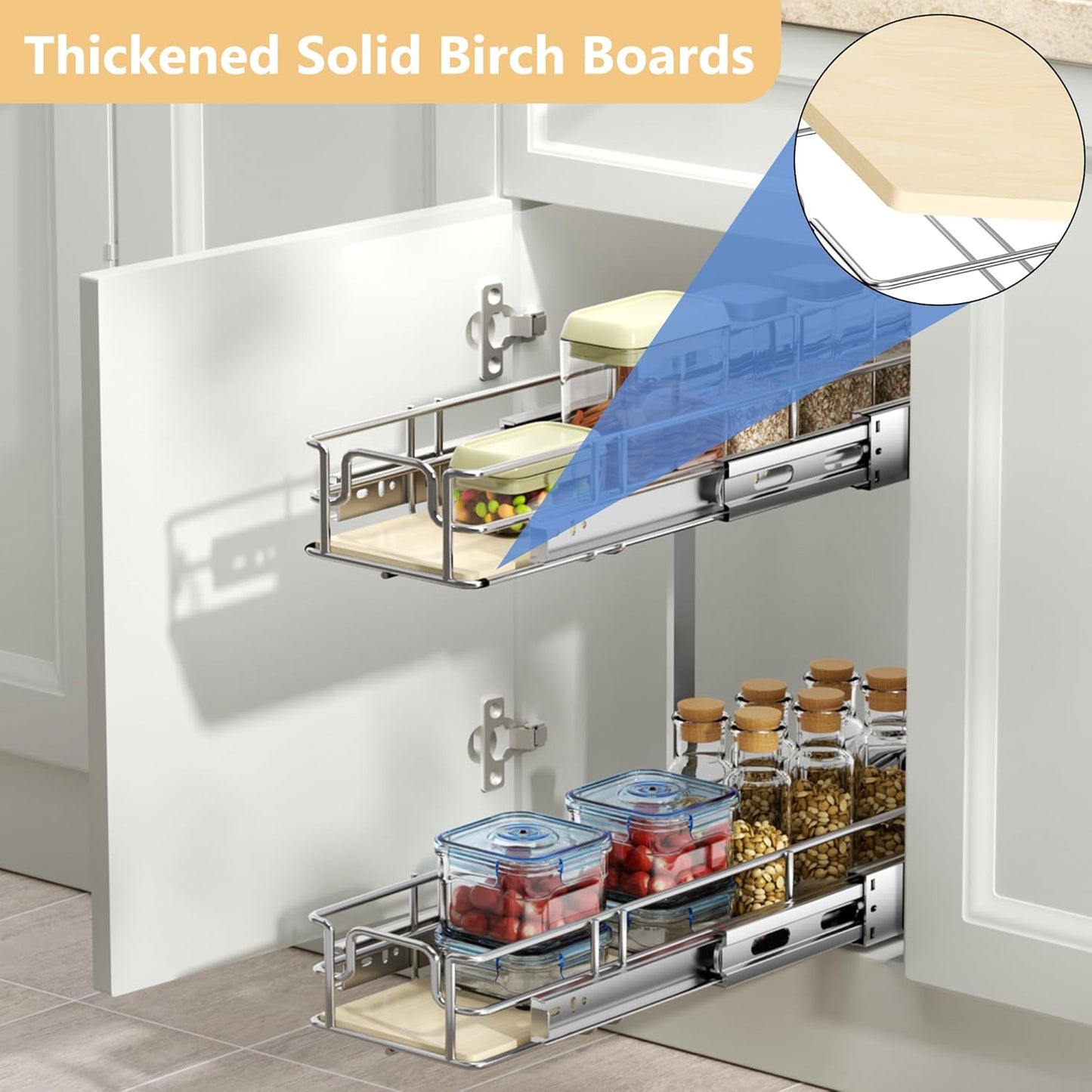 ROOMTEC 2 Tier Individual Pull Out Cabinet Organizer 5½"W x 21½"D, Slide Out Wood Shelves Organizers, Pull Out Drawers Organization and Storage for Kitchen Cabinet
