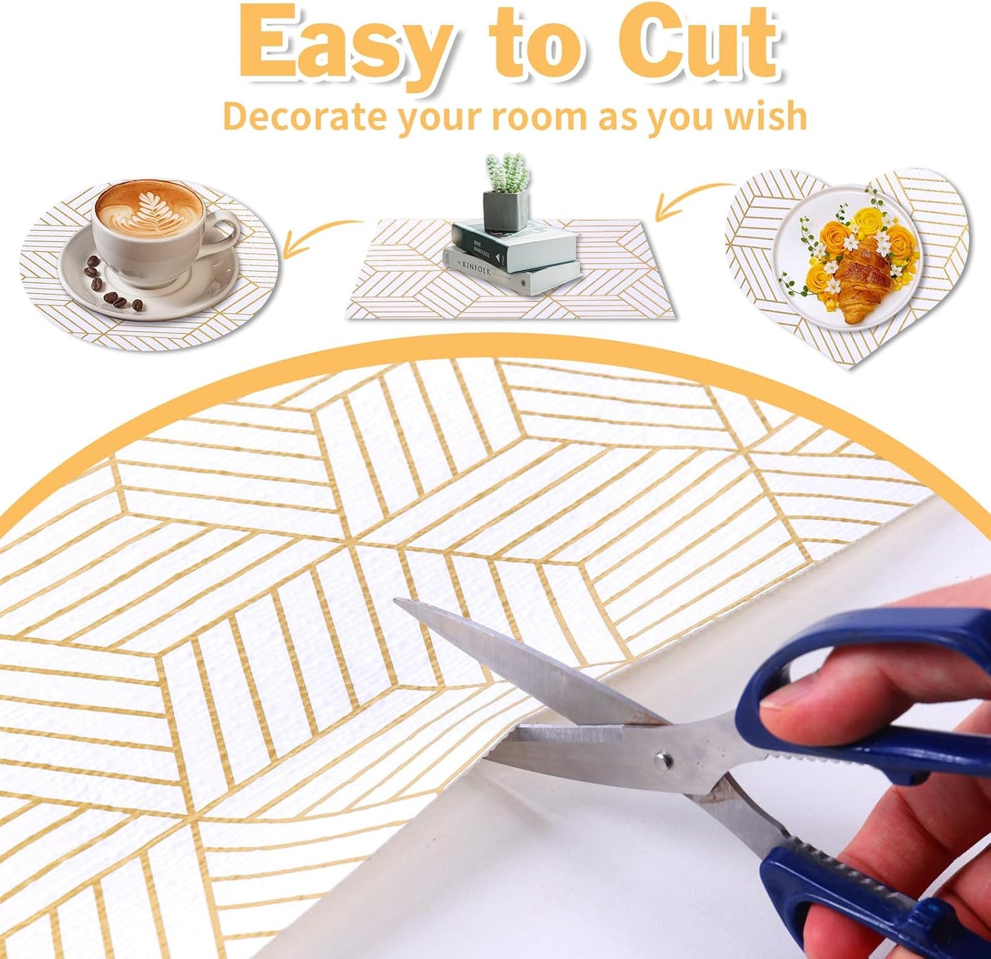 Shelf Liners for Kitchen Cabinets Non Adhesive Shelf Liner Paper Non-Slip Thickened Drawer Liner Easy to Clean for Tool Box Refrigerator with Knife and Tape Measure, Gold Geometric, 17.3 x 354.3 in