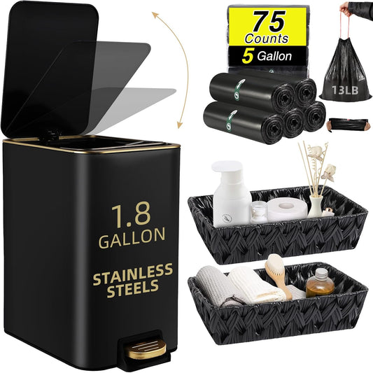 Small Bathroom Trash Can with Lid Soft Close, 1.8 Gallon Stainless Steel Garbage Can with Removable Inner Bucket,Wicker Storage Baskets,75Count Trash Bags, Slim Step Pedal Trash Bins