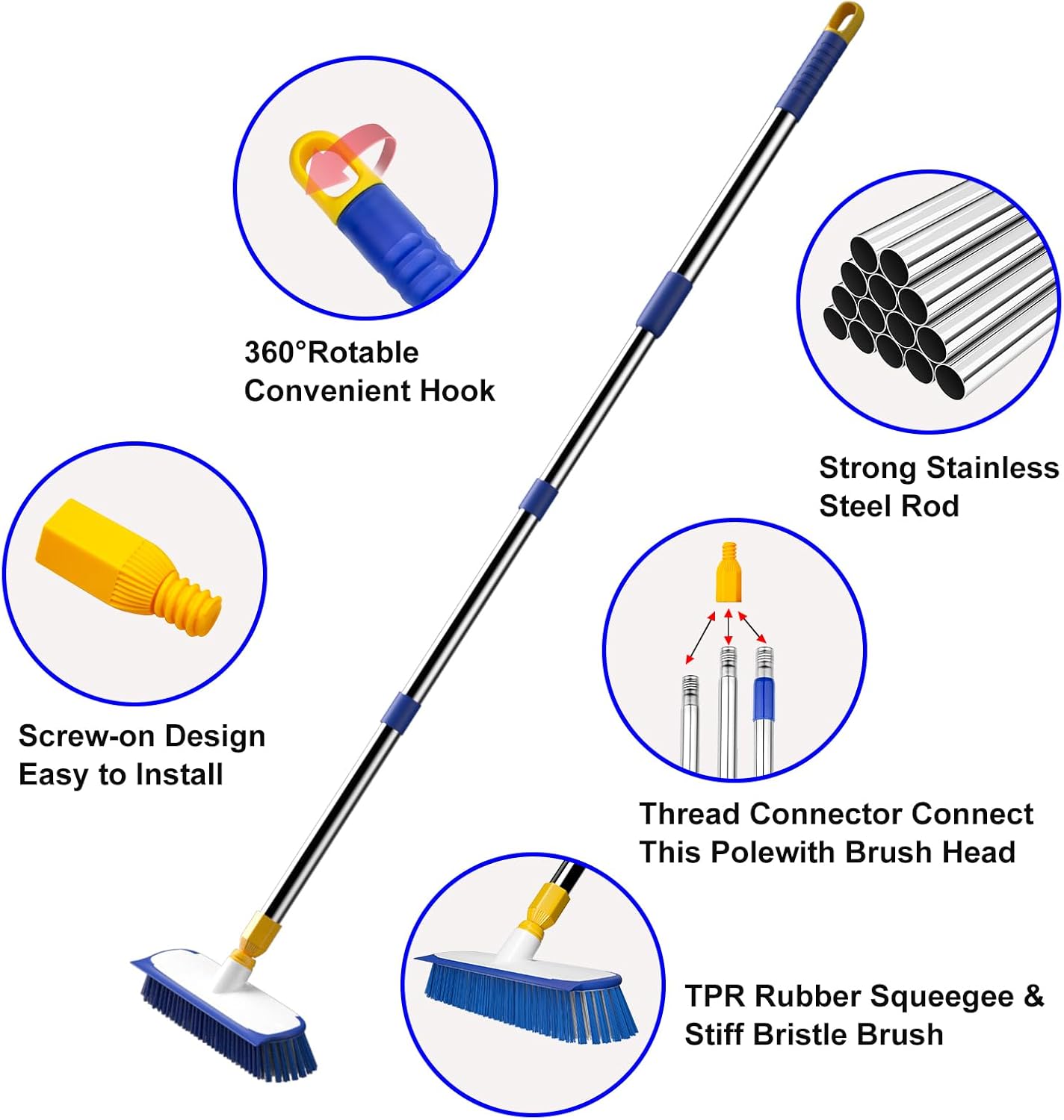 ITTAR 12" Wide Floor Scrub Brush with Long Handle, 2-in-1 Deck Cleaning Brush with 55" Extendable Pole, Heavy-Duty Tub Tile Scrubber Cleaner Brush for Shower Floor, Kitchen, Patio, Garage, Restaurant