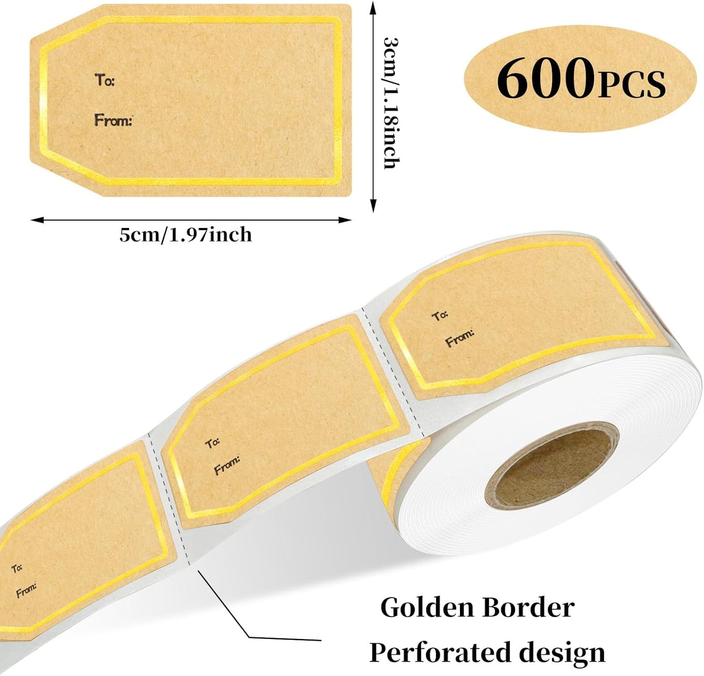 600PCS Gift Tag Stickers, 1.18" x 2" Gold Border Christmas Gift Tags Stickers, Brown Kraft to and from Gifts Labels Self Adhesive Christmas Labels Holiday Present Label, Perforated line Design