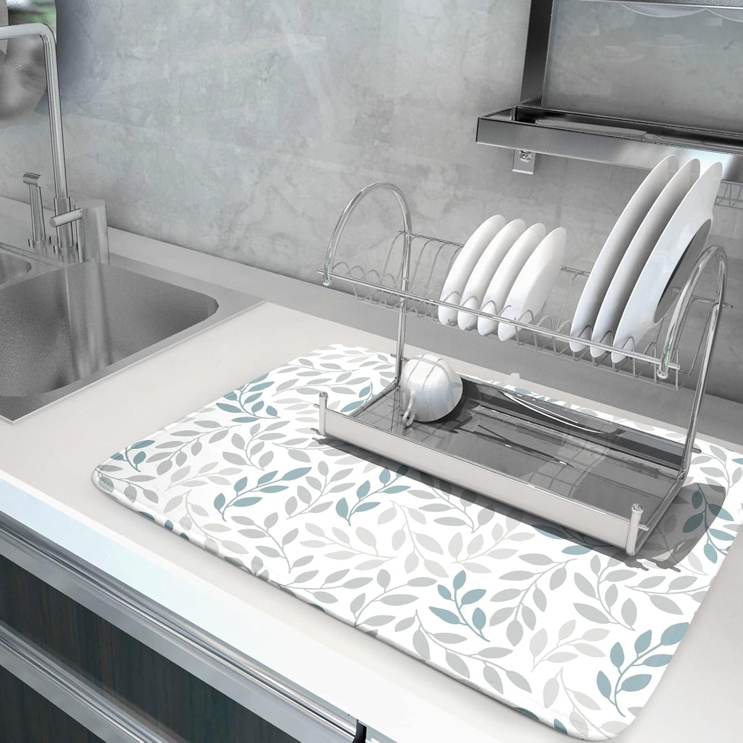 Leaves Branches Dish Drying Mat 18x24 for Kitchen Counter Decor Grey and Blue Leaf Absorbent Reversible Plant Dish Mat Microfiber Drying Pad Dish Drainer Rack Mats for Coffee Bar Home Decor