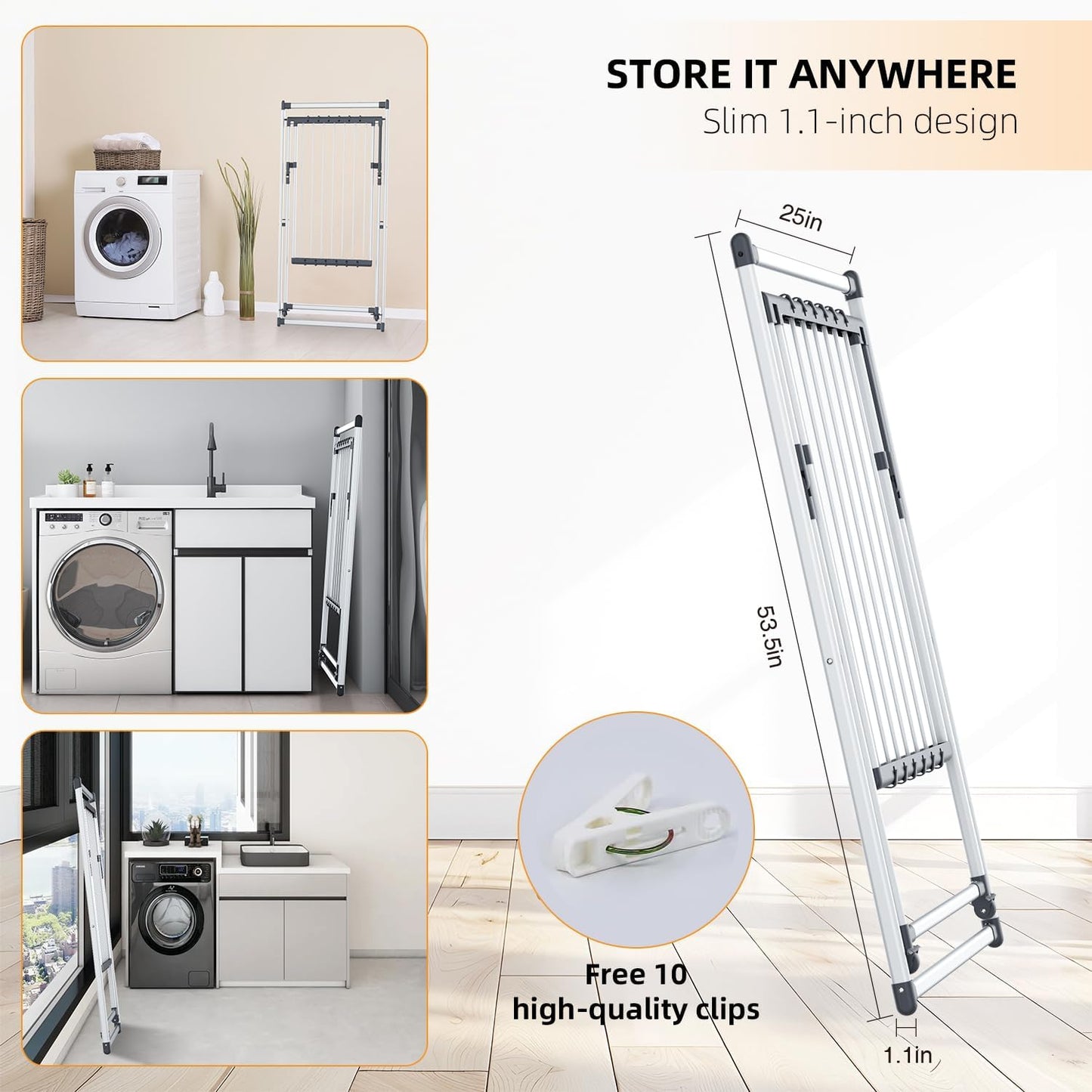 Clothes Drying Rack, Foldable Laundry Rack for Indoor Outdoor, 10pcs Sock Clips, Collapsible Space-Saving Drying Rack for Clothes Towels Dolls