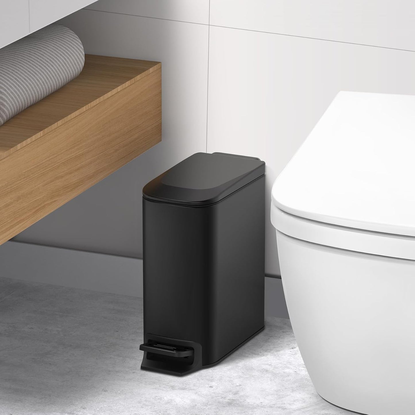 TIPGO Slim Bathroom Trash Can with Lid Soft Close, Step Pedal, 6 Liter / 1.6 Gallon Stainless Steel Trash Bin, Small Garbage Cans for Bedroom, Office, Kitchen (Matte Black)