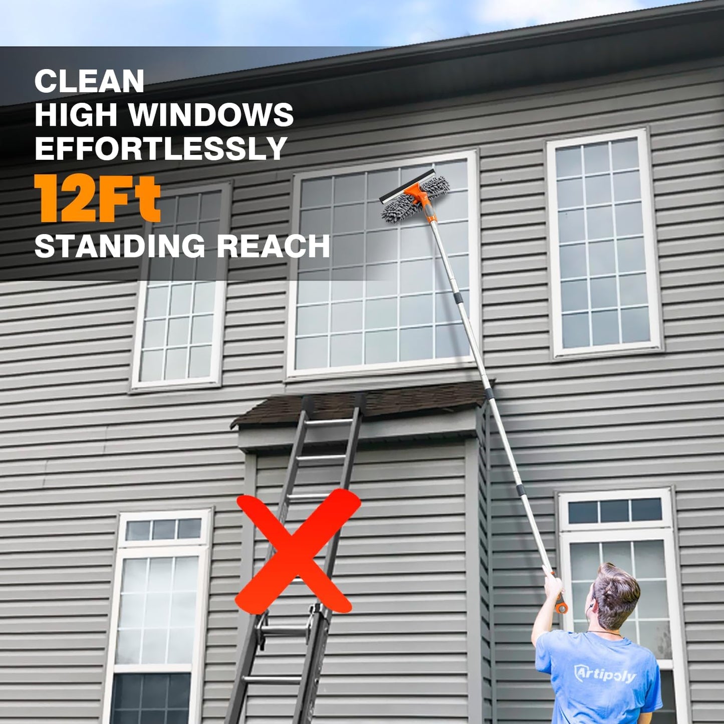 Professional Window Squeegee Cleaner, 2 in 1 Shower Squeegee with Extension Pole, 65”Telescopic Window Washing Equipment with 180°Adjustable Head, Glass Cleaning Tools for Outdoor High Window
