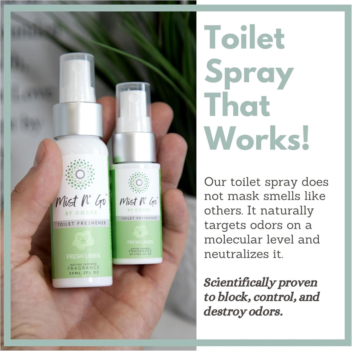 Mist N' Go by Omaze Travel Bathroom Spray - Toilet Odor Eliminator & Air Freshener - Fresh Linen (1oz x5)