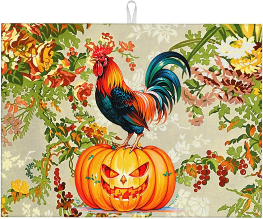 Rooster Pumpkin Dish Drying Mat Highly Absorbent Double-Sided Microfiber with Hanging Loop Reversible Drain Dish Rack Mat Drain Mat Suitable for Kitchen Countertop Coffee Bar 18 x 24 Inch