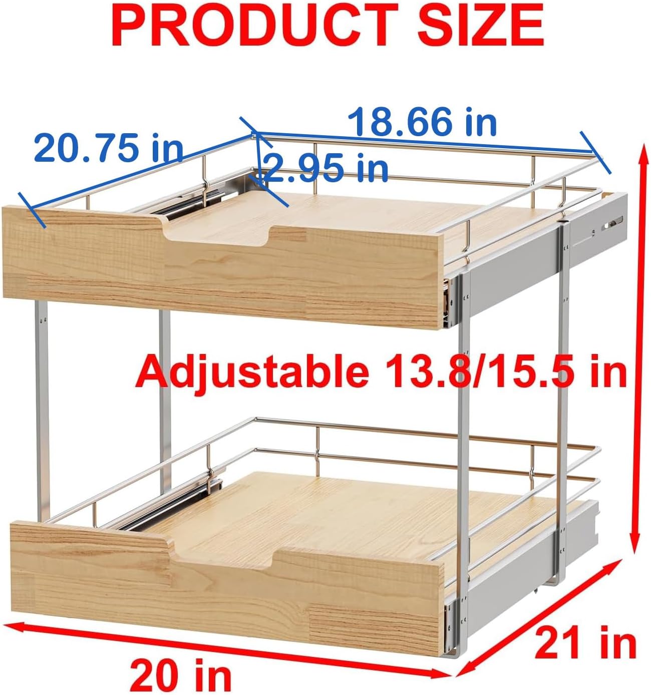 Pull Out Cabinet Organizer,Heavy-Duty Slide Out Shelf, Wood and Wire Basket, Pull Out Drawer for for Kitchen Under Sink Space, Pantry, Bathroom, 2 Tie 20 * 21 in