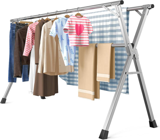 95 Inches Heavy - Duty Stainless Steel Folding Clothes Drying Rack - Indoor/Outdoor Use, Anti-Rust, 20 Windproof Hooks, Portable & Foldable (95'')