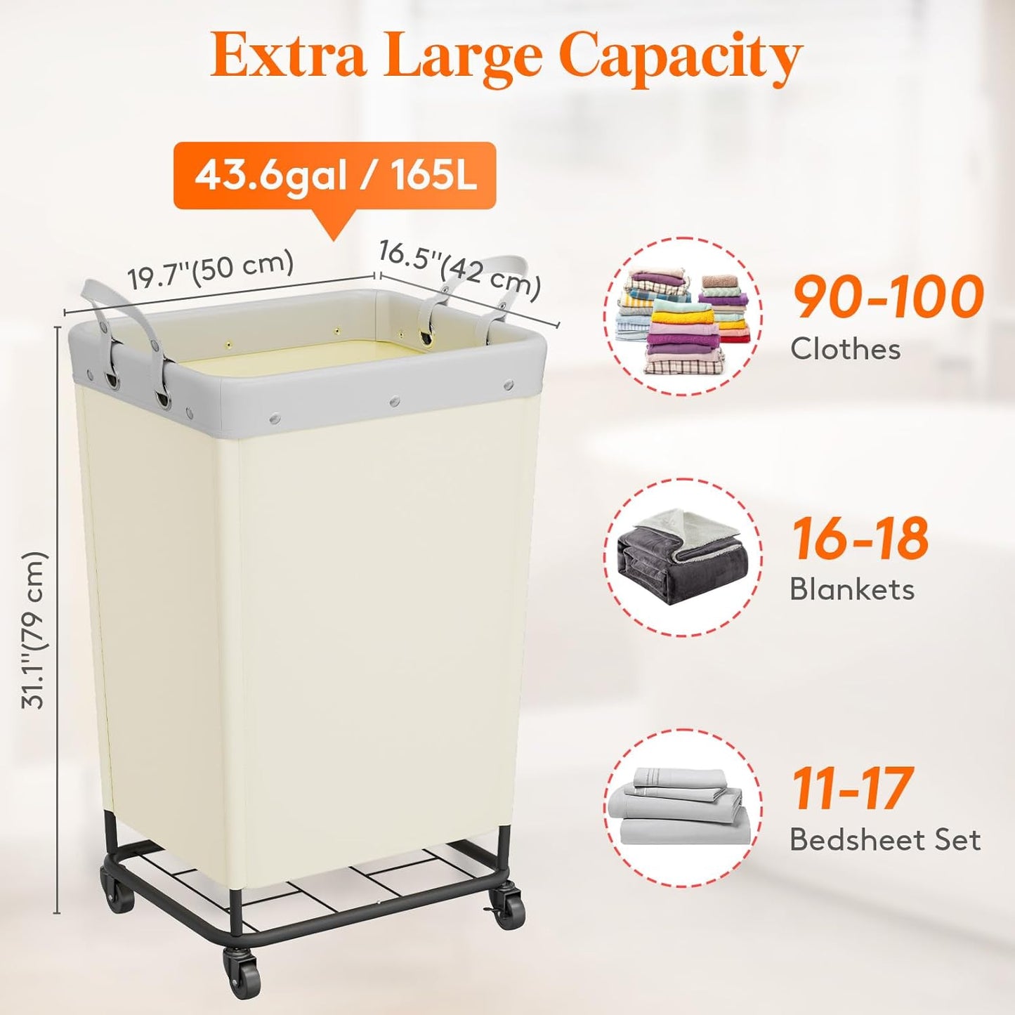 Lifewit 165L Laundry Basket with Wheels, Large Heavy Duty Commercial Rolling Laundry Hamper with Handles, Tall Steel Frame Laundry Cart for Laundry Room Bedroom Hotel Home Dorm, White