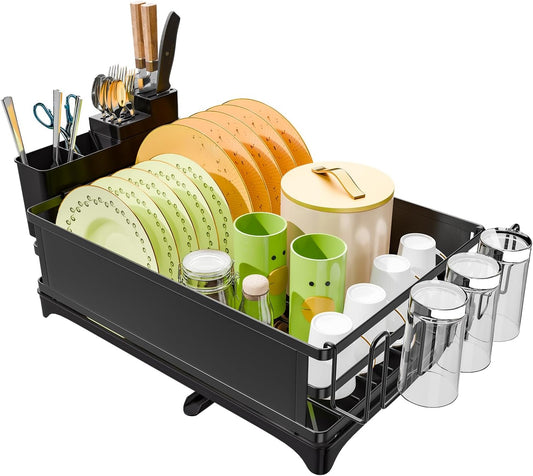 Simple Trending Dish Rack, Steel Dish Drying Rack for Kitchen Counter, Dish Drainer with Cutlery Holder for Large Capacity, Dish Drying Rack with drip Tray, Black
