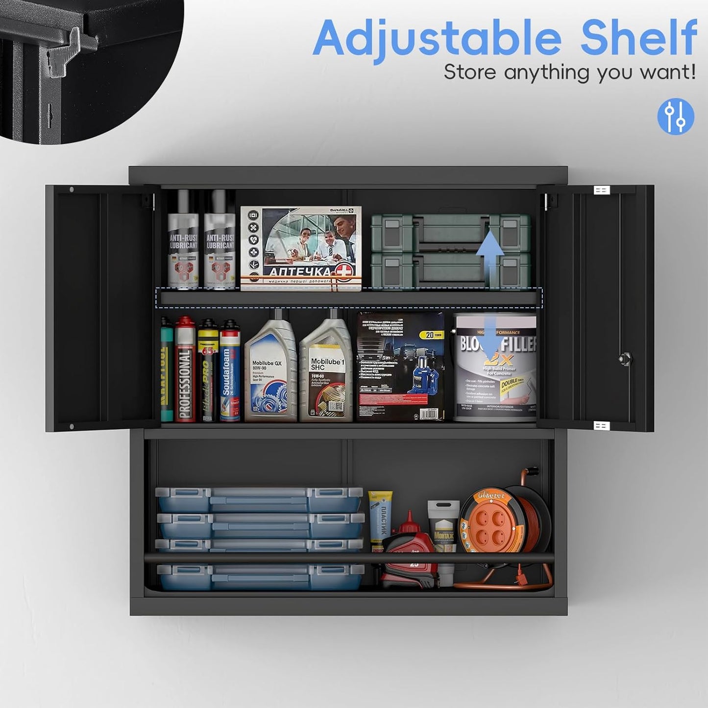 Locking Cabinet, Black Wall Storage Cabinet with Shelves, Hanging Cabinets with Open Storage, Small Wall Cabinet, Lockable Tool Cabinet for Basement, School, Office