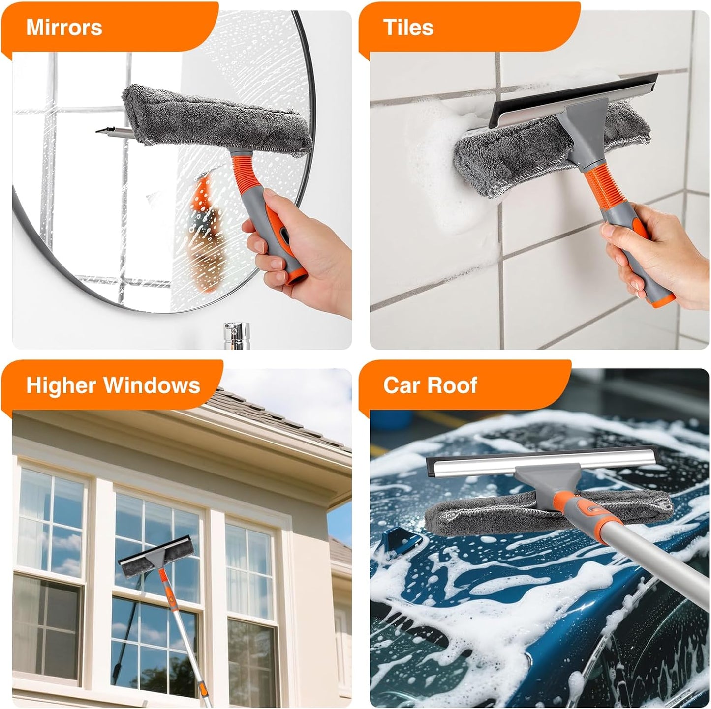 LOMIDA 2-in-1 Window Squeegee Cleaner with 62" Aluminum Extension Pole, Bendable Head for Extra Force, Heavy Duty Rotatable Window Cleaning Kit for Car/Glass/Shower (2 Fiber Pads)