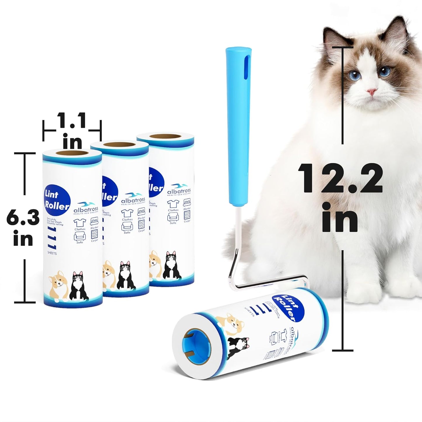Large Surface Extra Sticky Lint Roller 6.3'', 444 Sheets Long Handle Pet Hair Removal, Dog and Cat Lint Remover for Clothes, Furniture, Carpet