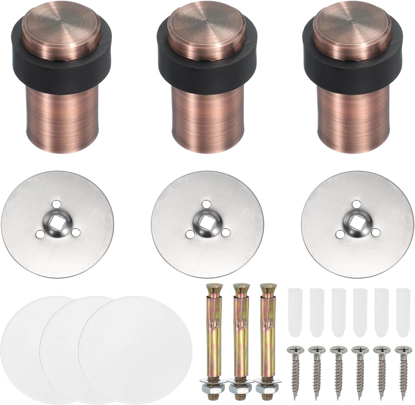 PATIKIL 3Set Round Door Stoppers, 60mm Stainless Steel Door Stop Doorstop Wedge Metal Cylinder Self Adhesive with Screw for Bottom of Door Floor Inside, Gold Tone