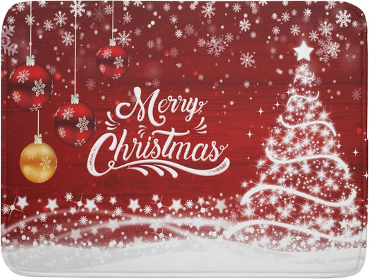 Merry Christmas Dish Drying Mat for Kitchen Counter Winter Snowflake Pine Fast Absorbent Red Drying Mat 18x24 Inch Xmas Jingle Bells Decoration Dishes Pad Dish Drainer Rack Mats Holiday Decor