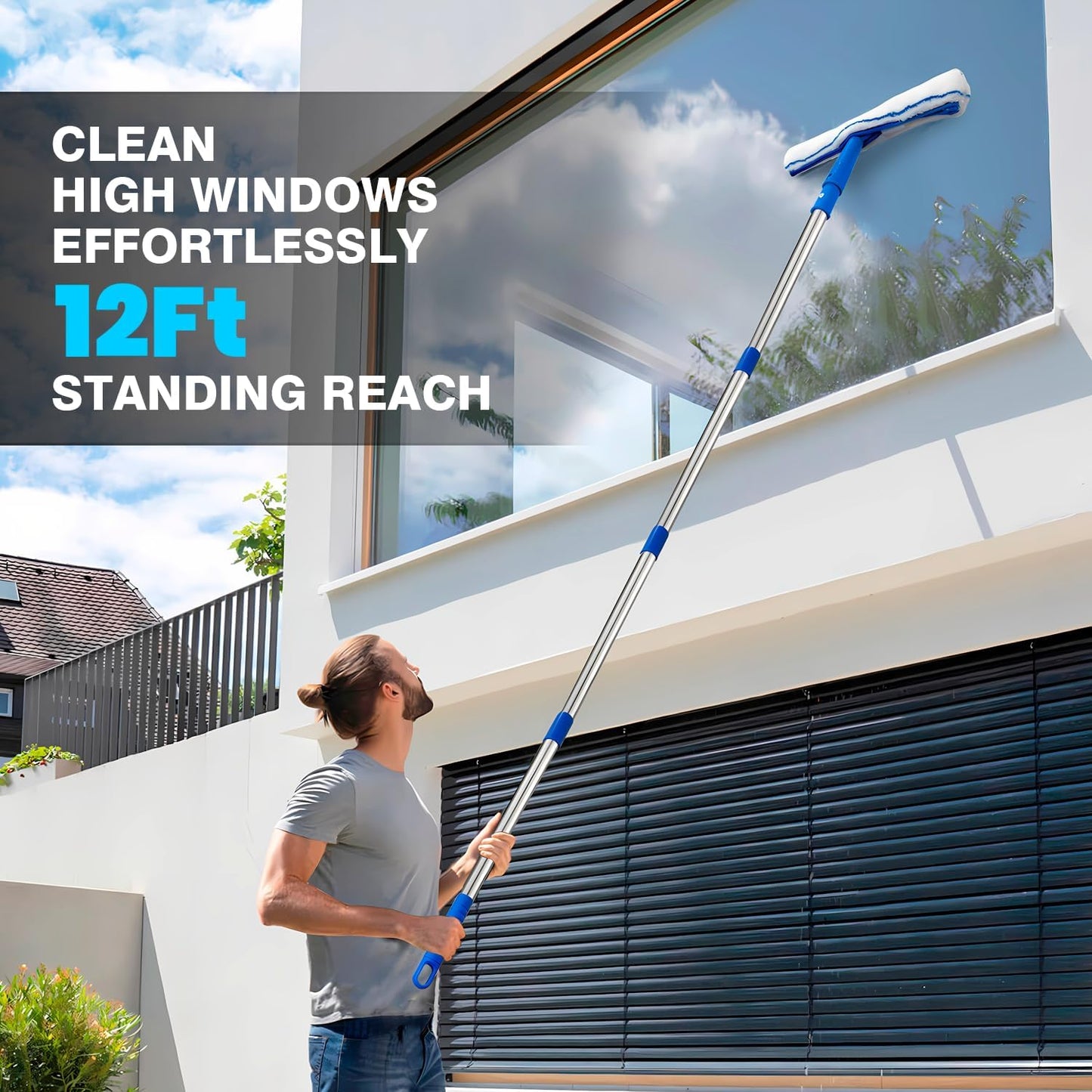 Squeegee for Window Cleaning, 14" Extra-Large Squeegee & Microfiber Scrubber Combi with 60" Stainless Steel Pole, Window Cleaning Kit for Shower Glass Mirror Door Car-2 Pads