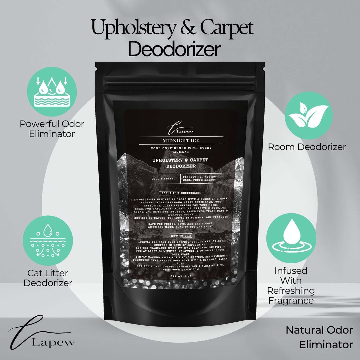 Midnight Ice Carpet Freshener Powder 16 oz | Powerful Odor Eliminator for Home | Upholstery Deodorizer | Carpet Deodorizer | Pet Urine | Cat Litter Box | Black Ice Fragrance.