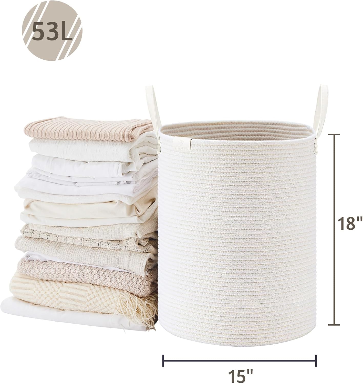 VIPOSCO Tall Laundry Basket, Large Dirty Clothes Hamper with Leather Handle, Woven Rope Storage Basket for Blanket, Toy In Living Room, Bathroom, Bedroom - 53L White