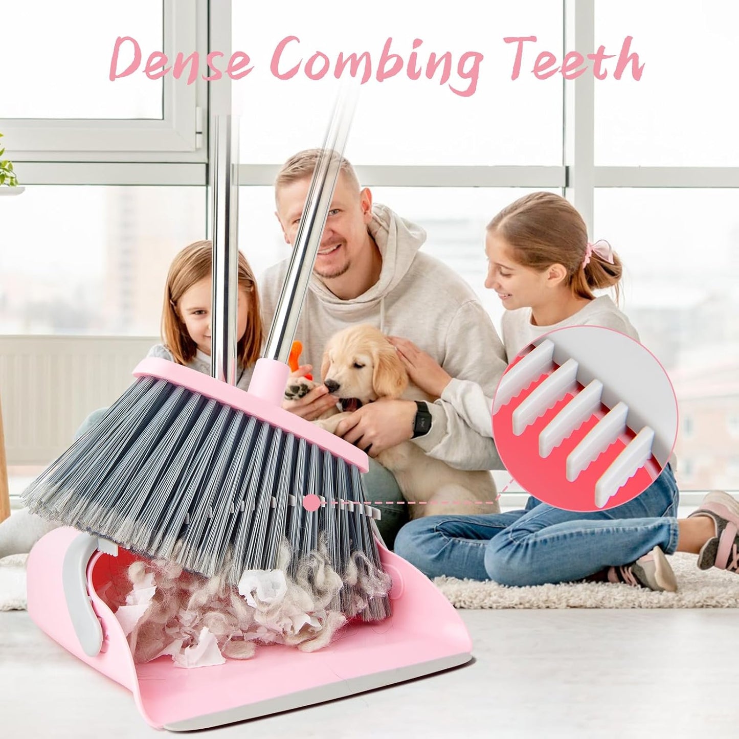 Broom and Dustpan Combo Set, Long Handle and Standing Dust Pan with Comb Teeth, Efficient Floor Cleaning for Kitchen, Outdoor, Dorm, Apartment, Office Lobby (Pink Gray)