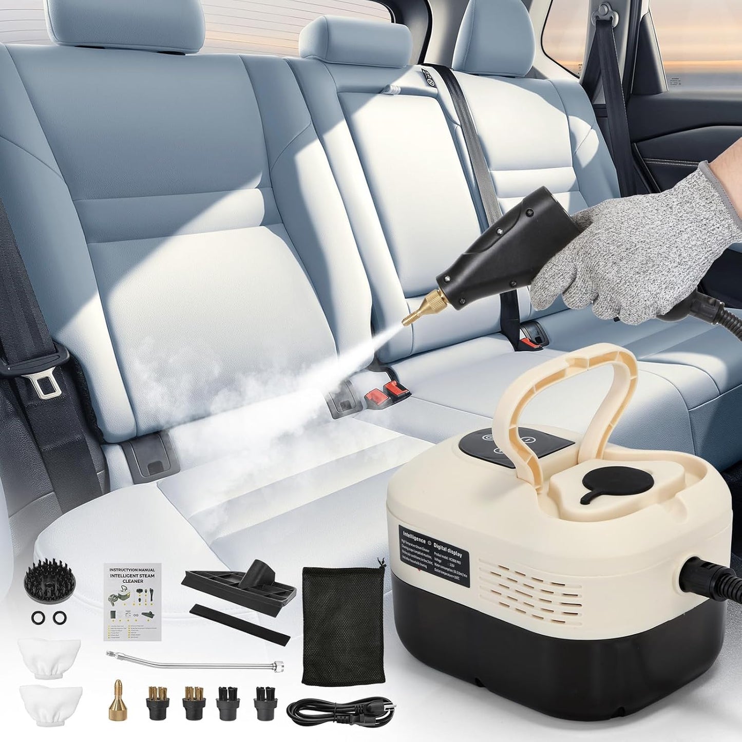 BEAMNOVA Car Steamer Steam Cleaner for Auto Detailing 1.2L (41oz) Water Container Handheld Steam Machine for Cleaning Portable High Pressure Multipurpose Steam Gun, Color Ivory